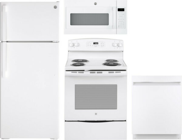 GE 4 Piece Kitchen Appliances Package with Top Freezer Refrigerator, Electric Range, Dishwasher and Over the Range Microwave in White GERERADWMW3346