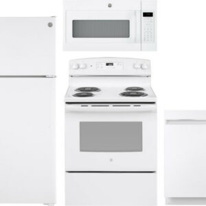 GE 4 Piece Kitchen Appliances Package with Top Freezer Refrigerator, Electric Range, Dishwasher and Over the Range Microwave in White GERERADWMW3351