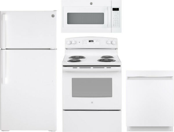 GE 4 Piece Kitchen Appliances Package with Top Freezer Refrigerator, Electric Range, Dishwasher and Over the Range Microwave in White GERERADWMW3351