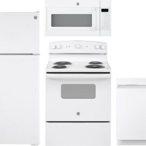 GE 4 Piece Kitchen Appliances Package with Top Freezer Refrigerator, Electric Range, Dishwasher and Over the Range Microwave in White GERERADWMW3353