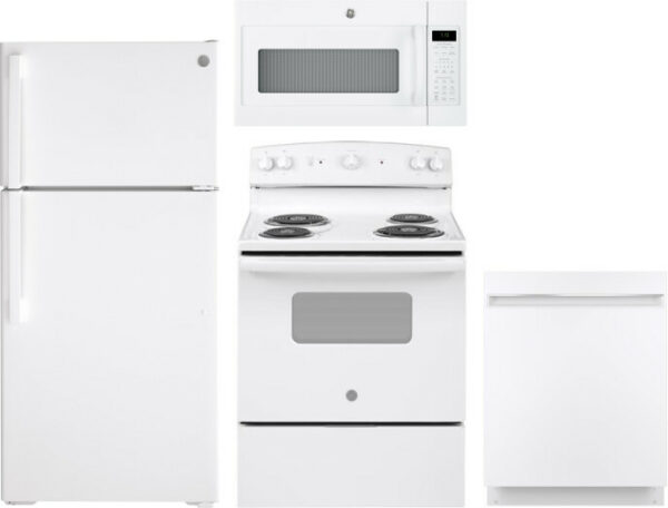 GE 4 Piece Kitchen Appliances Package with Top Freezer Refrigerator, Electric Range, Dishwasher and Over the Range Microwave in White GERERADWMW3353