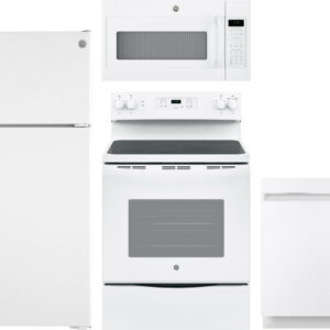 GE 4 Piece Kitchen Appliances Package with Top Freezer Refrigerator, Electric Range, Dishwasher and Over the Range Microwave in White GERERADWMW3354