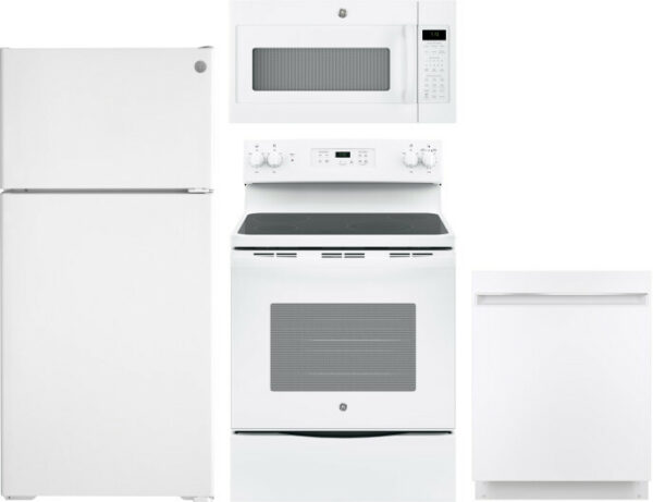 GE 4 Piece Kitchen Appliances Package with Top Freezer Refrigerator, Electric Range, Dishwasher and Over the Range Microwave in White GERERADWMW3354