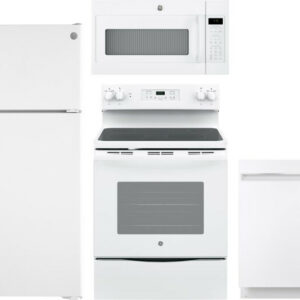 GE 4 Piece Kitchen Appliances Package with Top Freezer Refrigerator, Electric Range, Dishwasher and Over the Range Microwave in White GERERADWMW3356