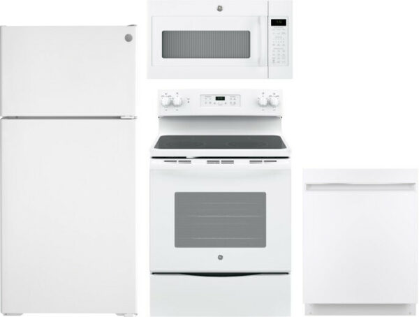 GE 4 Piece Kitchen Appliances Package with Top Freezer Refrigerator, Electric Range, Dishwasher and Over the Range Microwave in White GERERADWMW3356