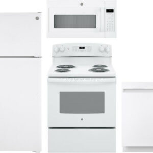 GE 4 Piece Kitchen Appliances Package with Top Freezer Refrigerator, Electric Range, Dishwasher and Over the Range Microwave in White GERERADWMW3357