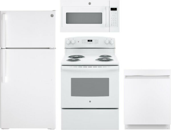 GE 4 Piece Kitchen Appliances Package with Top Freezer Refrigerator, Electric Range, Dishwasher and Over the Range Microwave in White GERERADWMW3357