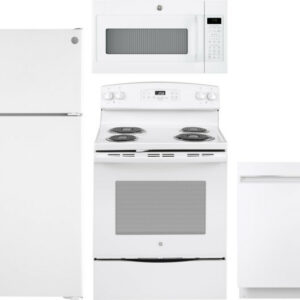 GE 4 Piece Kitchen Appliances Package with Top Freezer Refrigerator, Electric Range, Dishwasher and Over the Range Microwave in White GERERADWMW3360