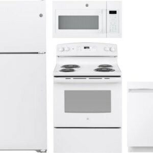 GE 4 Piece Kitchen Appliances Package with Top Freezer Refrigerator, Electric Range, Dishwasher and Over the Range Microwave in White GERERADWMW3365