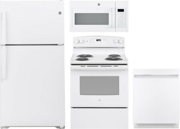 GE 4 Piece Kitchen Appliances Package with Top Freezer Refrigerator, Electric Range, Dishwasher and Over the Range Microwave in White GERERADWMW3365