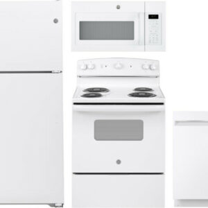 GE 4 Piece Kitchen Appliances Package with Top Freezer Refrigerator, Electric Range, Dishwasher and Over the Range Microwave in White GERERADWMW3367