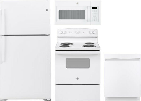 GE 4 Piece Kitchen Appliances Package with Top Freezer Refrigerator, Electric Range, Dishwasher and Over the Range Microwave in White GERERADWMW3367