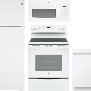 GE 4 Piece Kitchen Appliances Package with Top Freezer Refrigerator, Electric Range, Dishwasher and Over the Range Microwave in White GERERADWMW3368