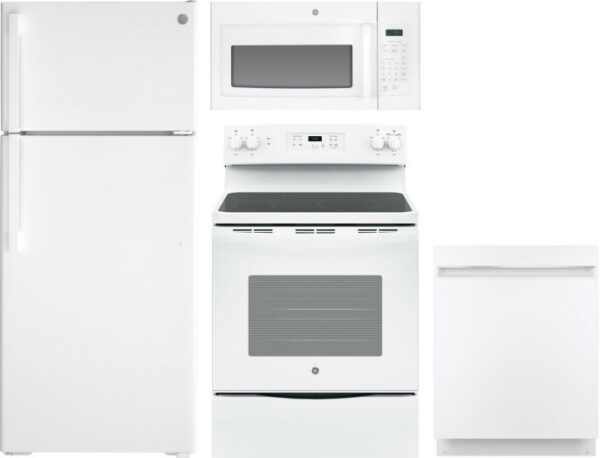 GE 4 Piece Kitchen Appliances Package with Top Freezer Refrigerator, Electric Range, Dishwasher and Over the Range Microwave in White GERERADWMW3368