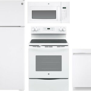 GE 4 Piece Kitchen Appliances Package with Top Freezer Refrigerator, Electric Range, Dishwasher and Over the Range Microwave in White GERERADWMW3370