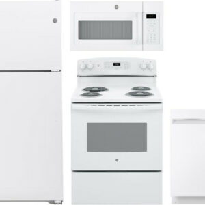 GE 4 Piece Kitchen Appliances Package with Top Freezer Refrigerator, Electric Range, Dishwasher and Over the Range Microwave in White GERERADWMW3371