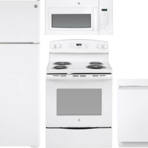 GE 4 Piece Kitchen Appliances Package with Top Freezer Refrigerator, Electric Range, Dishwasher and Over the Range Microwave in White GERERADWMW3374