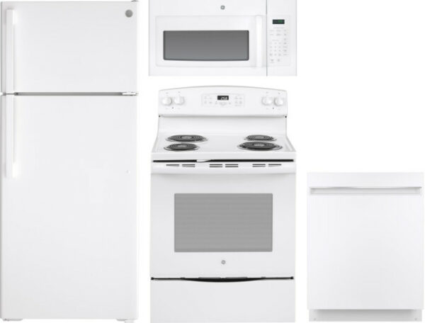 GE 4 Piece Kitchen Appliances Package with Top Freezer Refrigerator, Electric Range, Dishwasher and Over the Range Microwave in White GERERADWMW3374