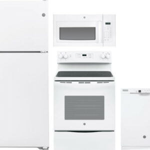 GE 4 Piece Kitchen Appliances Package with Top Freezer Refrigerator, Electric Range, Dishwasher and Over the Range Microwave in White GERERADWMW6107