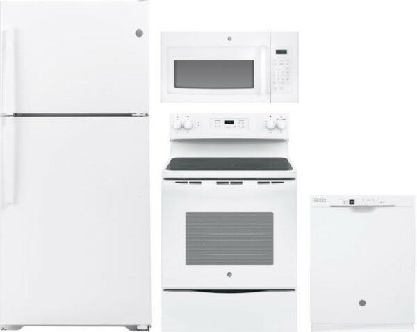 GE 4 Piece Kitchen Appliances Package with Top Freezer Refrigerator, Electric Range, Dishwasher and Over the Range Microwave in White GERERADWMW6107