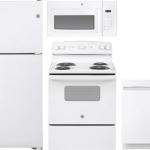 GE 4 Piece Kitchen Appliances Package with Top Freezer Refrigerator, Electric Range, Dishwasher and Over the Range Microwave in White GERERADWMW6708