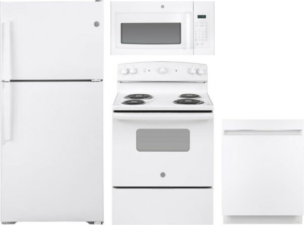 GE 4 Piece Kitchen Appliances Package with Top Freezer Refrigerator, Electric Range, Dishwasher and Over the Range Microwave in White GERERADWMW6708