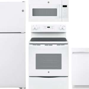 GE 4 Piece Kitchen Appliances Package with Top Freezer Refrigerator, Electric Range, Dishwasher and Over the Range Microwave in White GERERADWMW6802