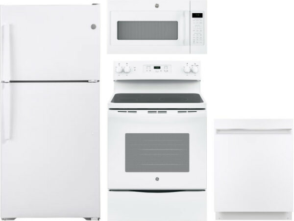 GE 4 Piece Kitchen Appliances Package with Top Freezer Refrigerator, Electric Range, Dishwasher and Over the Range Microwave in White GERERADWMW6802