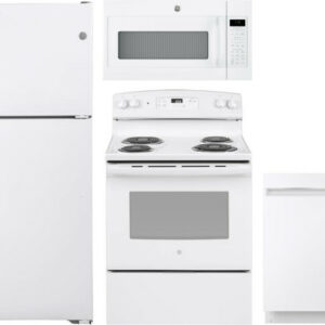 GE 4 Piece Kitchen Appliances Package with Top Freezer Refrigerator, Electric Range, Dishwasher and Over the Range Microwave in White GERERADWMW6804