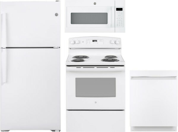 GE 4 Piece Kitchen Appliances Package with Top Freezer Refrigerator, Electric Range, Dishwasher and Over the Range Microwave in White GERERADWMW6804