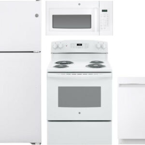 GE 4 Piece Kitchen Appliances Package with Top Freezer Refrigerator, Electric Range, Dishwasher and Over the Range Microwave in White GERERADWMW6806