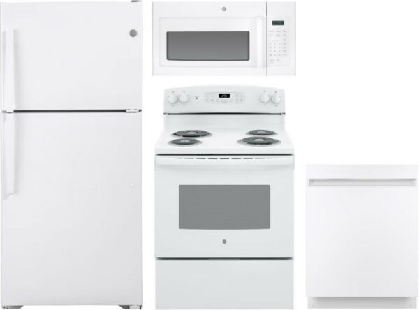 GE 4 Piece Kitchen Appliances Package with Top Freezer Refrigerator, Electric Range, Dishwasher and Over the Range Microwave in White GERERADWMW6806