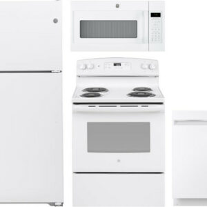 GE 4 Piece Kitchen Appliances Package with Top Freezer Refrigerator, Electric Range, Dishwasher and Over the Range Microwave in White GERERADWMW6873