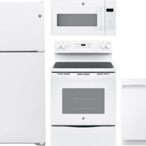 GE 4 Piece Kitchen Appliances Package with Top Freezer Refrigerator, Electric Range, Dishwasher and Over the Range Microwave in White GERERADWMW6874