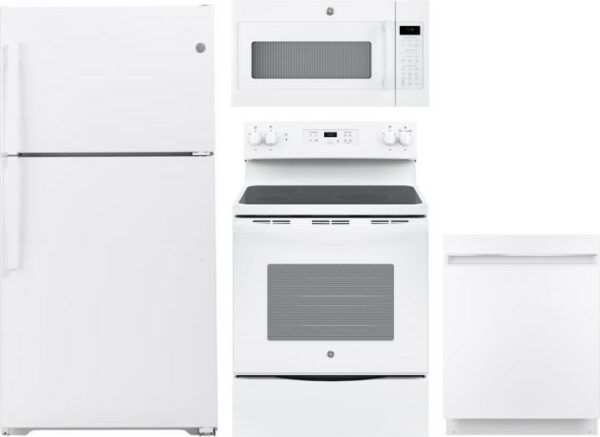 GE 4 Piece Kitchen Appliances Package with Top Freezer Refrigerator, Electric Range, Dishwasher and Over the Range Microwave in White GERERADWMW6874