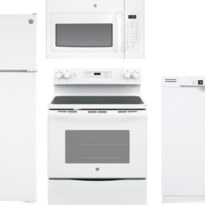 GE 4 Piece Kitchen Appliances Package with Top Freezer Refrigerator, Electric Range, Dishwasher and Over the Range Microwave in White GERERADWMW92548