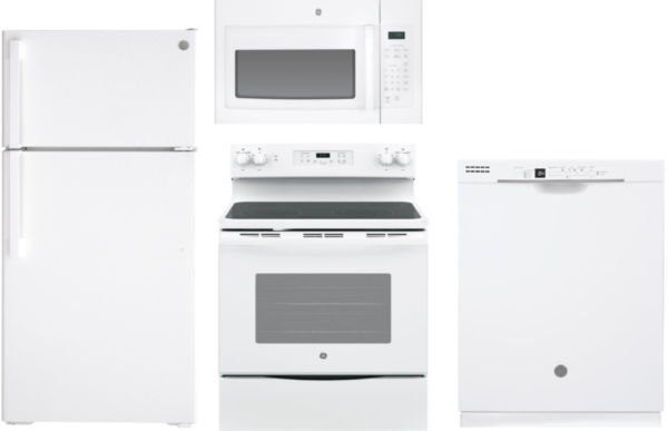 GE 4 Piece Kitchen Appliances Package with Top Freezer Refrigerator, Electric Range, Dishwasher and Over the Range Microwave in White GERERADWMW92548