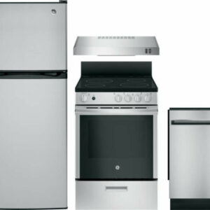 GE 4 Piece Kitchen Appliances Package with Top Freezer Refrigerator, Electric Range and Dishwasher in Stainless Steel GERERADWMW4004