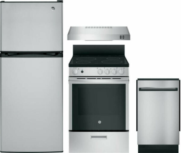 GE 4 Piece Kitchen Appliances Package with Top Freezer Refrigerator, Electric Range and Dishwasher in Stainless Steel GERERADWMW4004