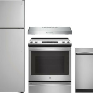 GE 4 Piece Kitchen Appliances Package with Top Freezer Refrigerator, Electric Range and Dishwasher in Stainless Steel GERERADWRH204