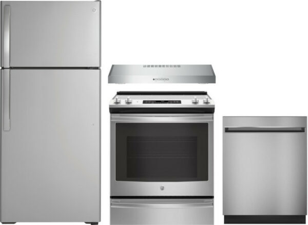 GE 4 Piece Kitchen Appliances Package with Top Freezer Refrigerator, Electric Range and Dishwasher in Stainless Steel GERERADWRH204