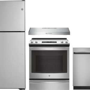 GE 4 Piece Kitchen Appliances Package with Top Freezer Refrigerator, Electric Range and Dishwasher in Stainless Steel GERERADWRH208