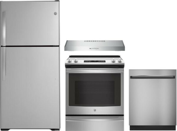 GE 4 Piece Kitchen Appliances Package with Top Freezer Refrigerator, Electric Range and Dishwasher in Stainless Steel GERERADWRH208