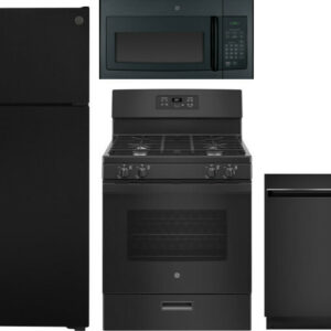 GE 4 Piece Kitchen Appliances Package with Top Freezer Refrigerator, Gas Range, Dishwasher and Over the Range Microwave in Black GERERADWMW3302