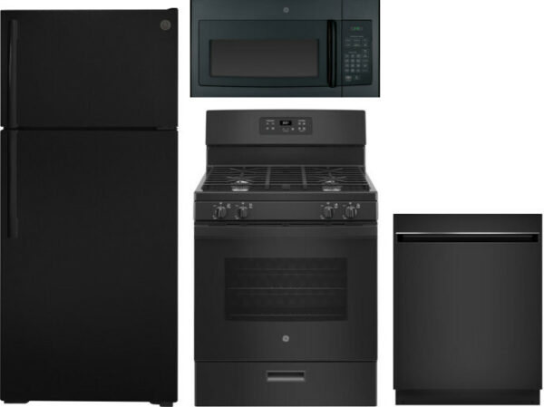 GE 4 Piece Kitchen Appliances Package with Top Freezer Refrigerator, Gas Range, Dishwasher and Over the Range Microwave in Black GERERADWMW3302