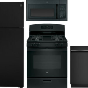 GE 4 Piece Kitchen Appliances Package with Top Freezer Refrigerator, Gas Range, Dishwasher and Over the Range Microwave in Black GERERADWMW3304