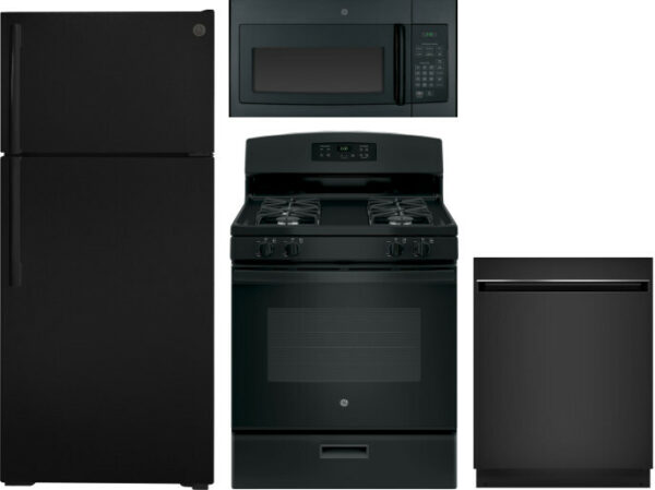 GE 4 Piece Kitchen Appliances Package with Top Freezer Refrigerator, Gas Range, Dishwasher and Over the Range Microwave in Black GERERADWMW3304