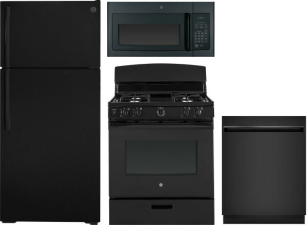 GE 4 Piece Kitchen Appliances Package with Top Freezer Refrigerator, Gas Range, Dishwasher and Over the Range Microwave in Black GERERADWMW3308