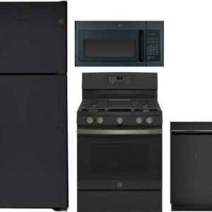 GE 4 Piece Kitchen Appliances Package with Top Freezer Refrigerator, Gas Range, Dishwasher and Over the Range Microwave in Black Slate GERERADWMW3316