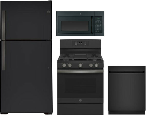 GE 4 Piece Kitchen Appliances Package with Top Freezer Refrigerator, Gas Range, Dishwasher and Over the Range Microwave in Black Slate GERERADWMW3316